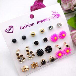 (12 x Studs Pair) Trendy Artificial Stones Ear Studs - Pink Sun Flower