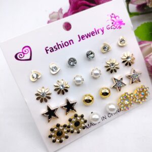 (12 x Studs Pair) Trendy Artificial Stones Ear Studs - Black Star