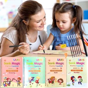 Pack of 4 Sank Magic book Practice |  Tracing Handwriting First Pre-school Baby Learning Books for Kids (Books + Magic Pen with 10 Ink Refills)