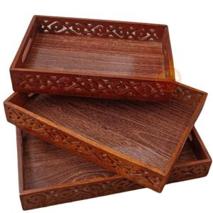 (pack of 3) Wooden Serving Tray Set with handles Wood Serving Trays for Tea Coffee Food Platter Household Kitchen Multipurpose Use