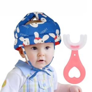 Baby Head Protector Crawling - Baby Safety Helmet & amp Walking Helmet + 360 Degree U-shaped Baby Toothbrush 2 Pcs Baby Care Essentials (Random Color/Design)