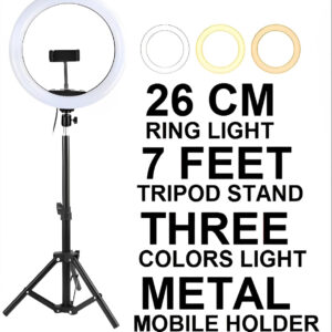 26CM LED Ring Light with Mobile Holder, 7ft Tripod Stand, 3 Light Colors, Dimmable USB Selfie Ring Light for Videography and Photography