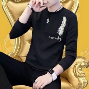 New Collection: Men's Stylish Print Full Sleeves T-Shirt - Premium Quality & Fashionable Design for a Smart Look | Black Leaf Print T-Shirt