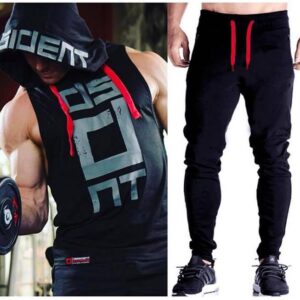 Black Gym Sleeveless Hood Tracksuit - Black Gym Sleeveless Hood Summer Tracksuit - Ready to Wear 2-Piece Set | Men's Sports & Jogging Wear 