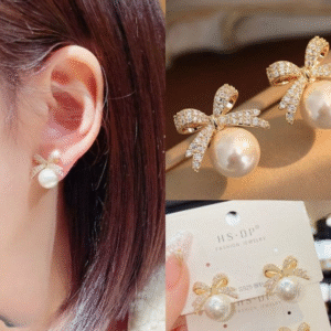 Bow sparkle diamond pearl stud earrings /  Pearl Earrings Women's Earrings for Gift