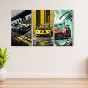 Set Of 3 Cars Art Wooden Frames For Wall Decoration / Sticky Photo Tiles