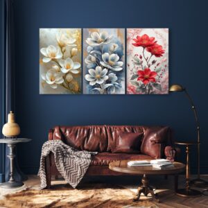 Set Of 3 Flowers Art Wooden Frames For Wall Decoration / Sticky Photo Tiles
