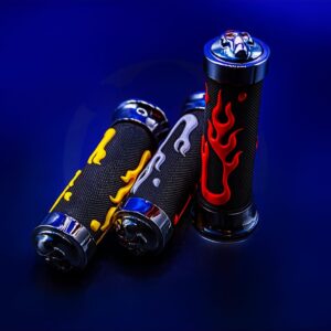 Universal Motorcycle Handlebar Grips 7/8" – Skull Head Flame Rubber Hand Grips (Black/Blue, Black/Red)