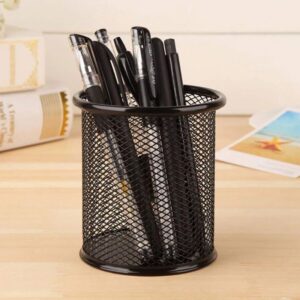 Metal Mesh Pen Stand & Stationery Holder – Round Black Desk Organizer for Pens, Pencils, Markers, and Office Supplies