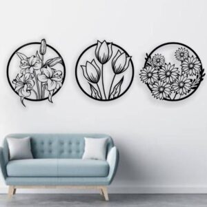 3 pec set  Flowers art Wall hanging decorations MDF wood material  Black color