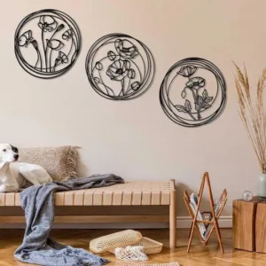 3 pec set  Flowers art Wall hanging decorations MDF wood material  Black color