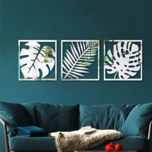 3 Pc Set Hollow Photo Frame Palm Leaves Acrylic Mirror Wall Stickers (Silver)
