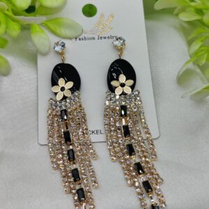 Imported Glamorous Long Tassel Earrings with Black and Crystal | Luxury Look Earrings | Girls Earrings | Women Earrings