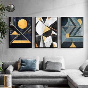 Modern Abstract Wall Art Set – 3 Wooden Frames (8x11”) with Geometric Gold & Black Designs | Easy Wall Mounting with Double Tape