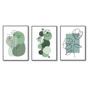 set of 3 abstract plant art wooden canvas frames for wall decore / sticky phototiles for home and office